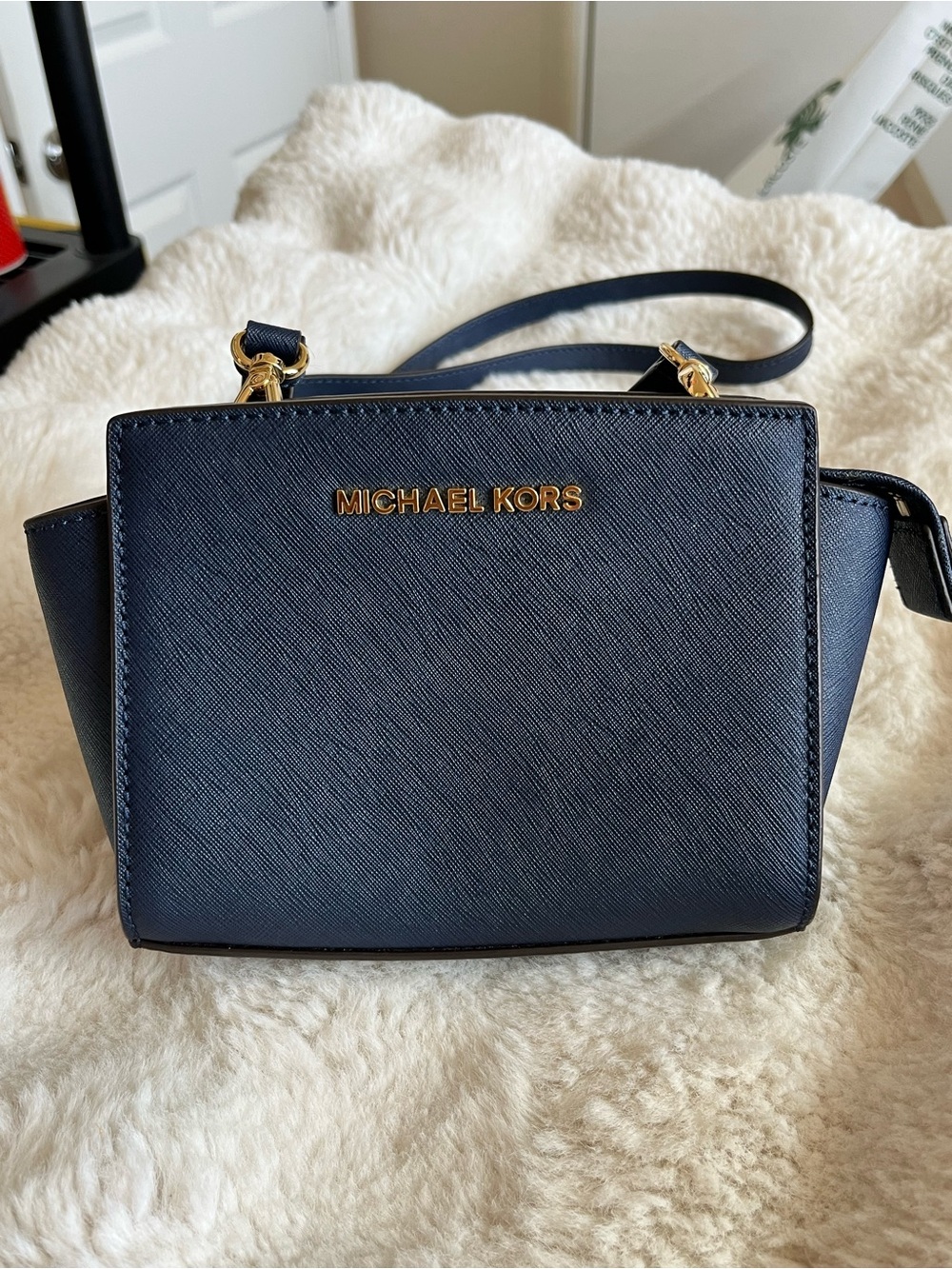 MICHAEL KORS Navy Saffiano Crossbody with Gold Hardware